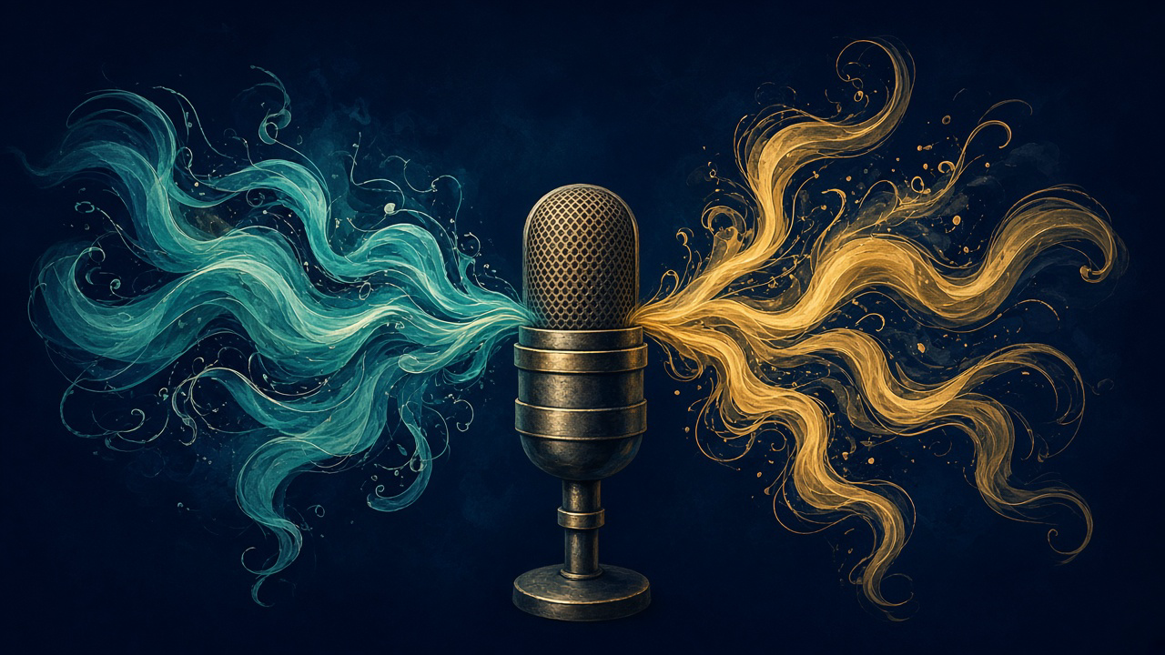 A vintage studio microphone with flowing turquoise and gold ribbons of sound streaming out to either side