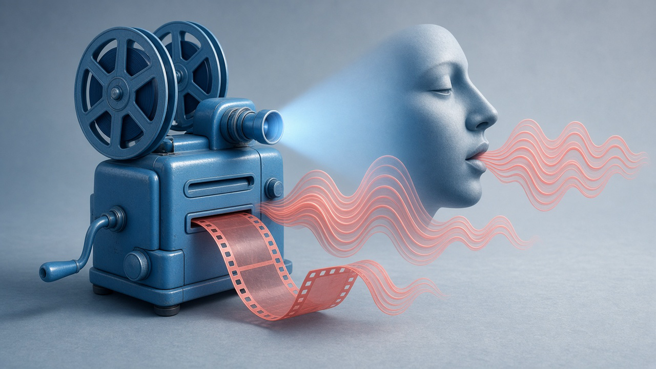 A video frame of a speaking character with an audio waveform locked to the lip movements