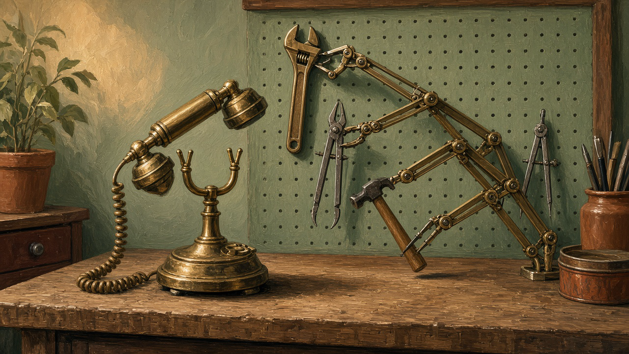 A brass telephone receiver lifted on a workbench while jointed mechanical arms already reach for tools on a pegboard