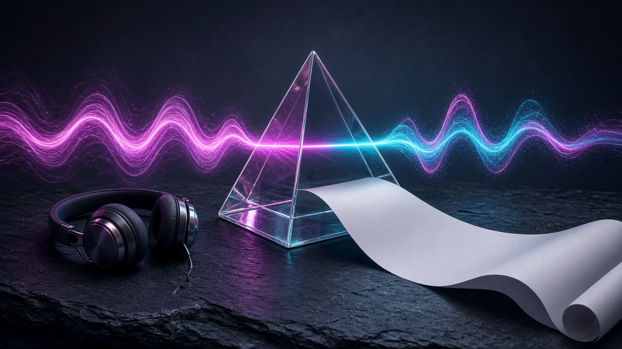 A glass prism on a slate desk turning a magenta sound wave into a blank paper ribbon and a second cyan wave, with headphones resting beside it
