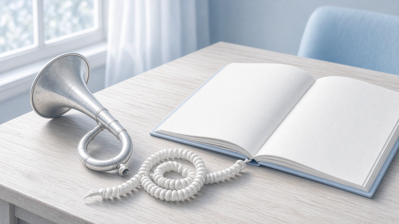 An old silver ear trumpet resting on a pale call-centre desk next to a coiled white telephone cord and an open blank notebook